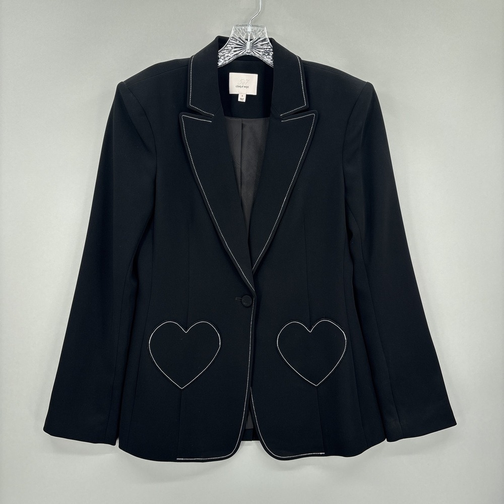 Cinq À Sept Blazer Womens 4 Black Heart Pocket Contrast Trim Tuxedo Suit Jacket